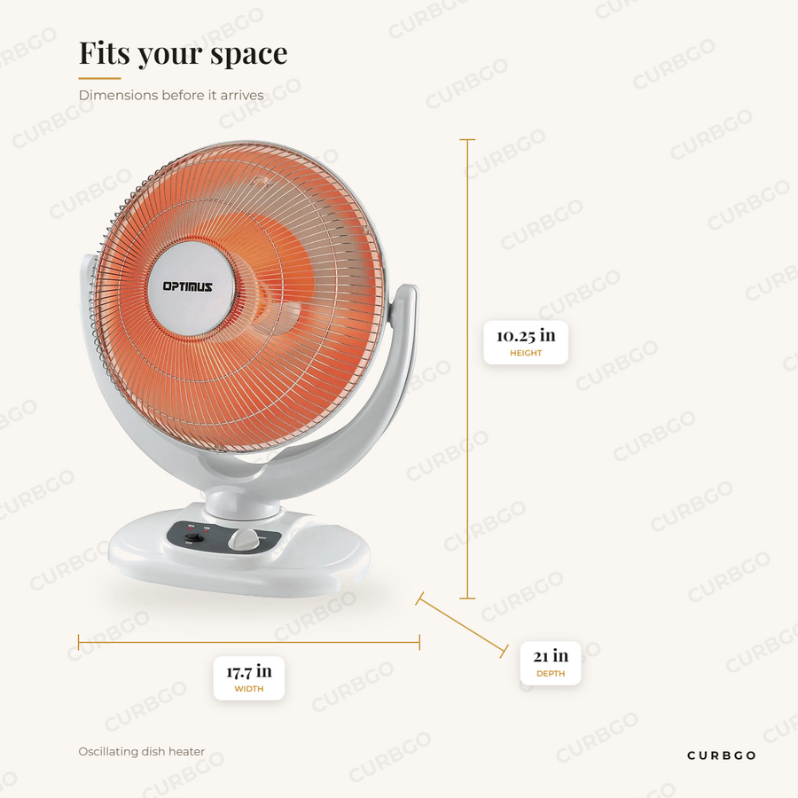 Optimus Dish Heater dimensions: 17.7 in wide, 10.25 in tall, 21 in deep, Oscillating dish heater