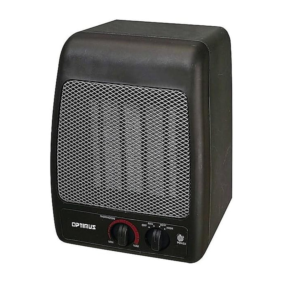 Optimus H-7000 portable ceramic heater, black, front three-quarter view showing the mesh grille, thermostat dial and Off/Fan/Low/High switch