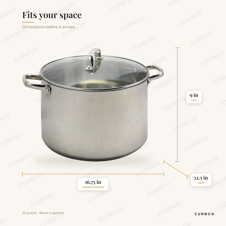 Oster Adenmore 16-quart stock pot dimensions: 16.75 in wide across handles, 12.5 in deep, 9 in tall, 16 quarts