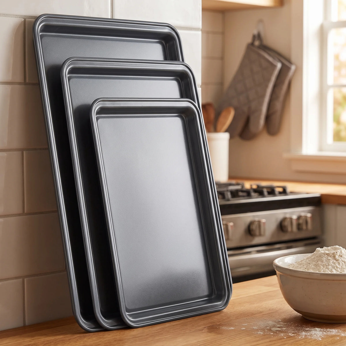 BLACK+DECKER nested carbon steel baking sheet set on a kitchen counter ready for baking