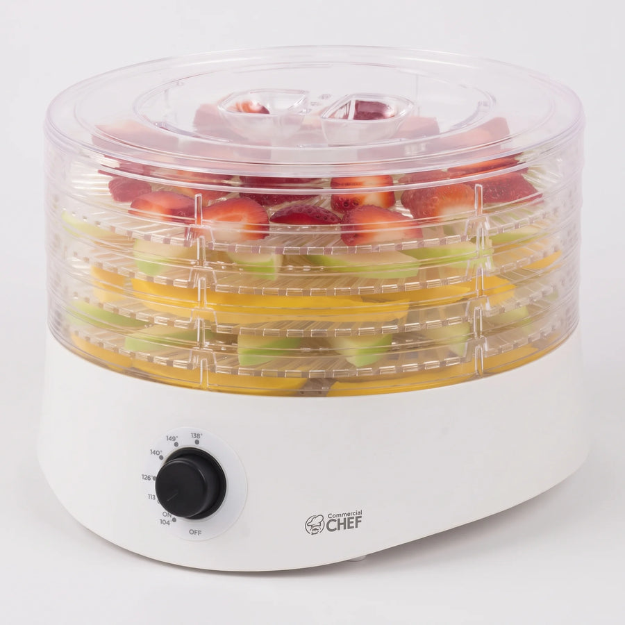 Commercial Chef 5-tray food dehydrator with white base, temperature dial and clear trays loaded with sliced fruit on a studio surface