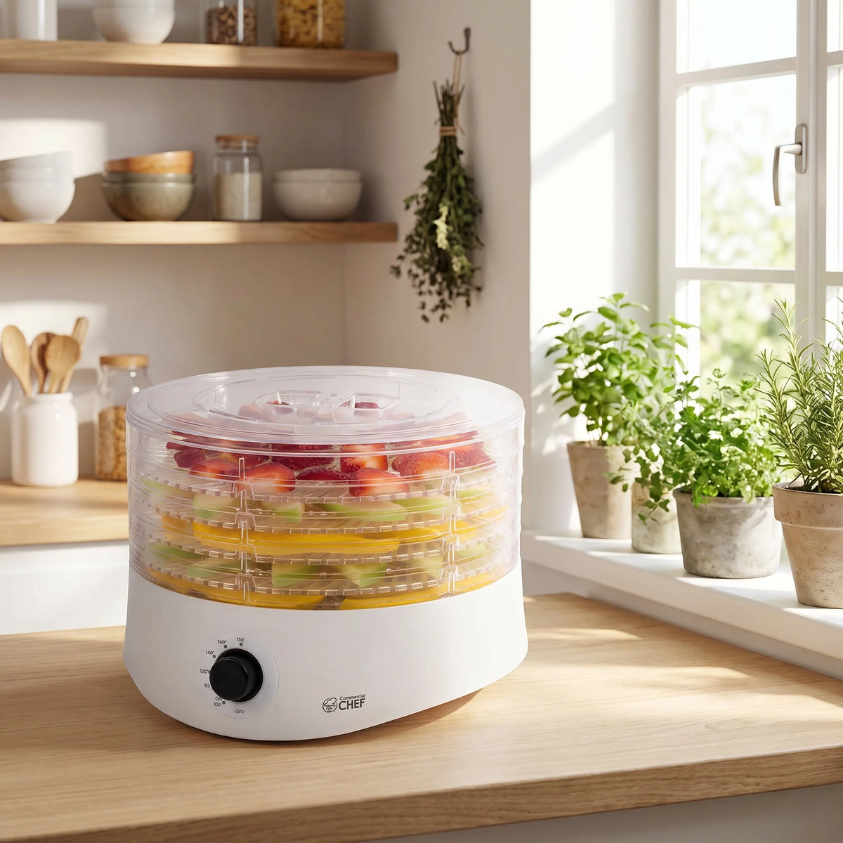 Commercial Chef 5-tray food dehydrator on a sunny kitchen counter with dried herbs hanging behind