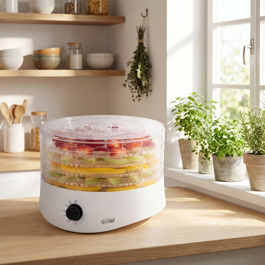 Commercial Chef 5-tray food dehydrator on a sunny kitchen counter with dried herbs hanging behind