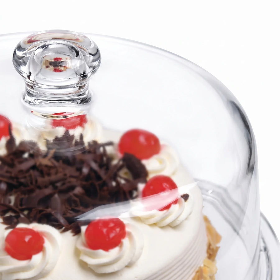 Close-up of the faceted knob and crystal clear dome of a Fridgemate acrylic cake cover over a cake