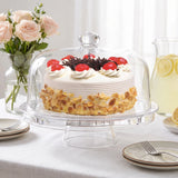 Fridgemate crystal clear acrylic cake stand with dome on a brunch table with roses and lemonade