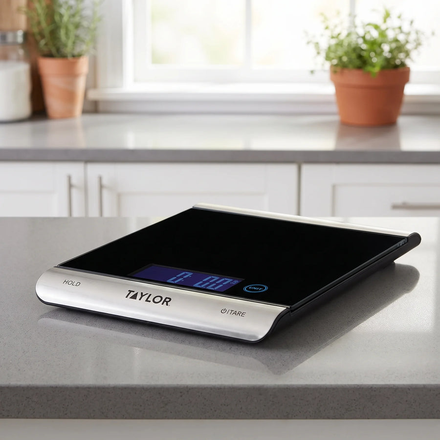 Taylor 3851 digital kitchen scale on a modern kitchen counter with a window and herbs behind