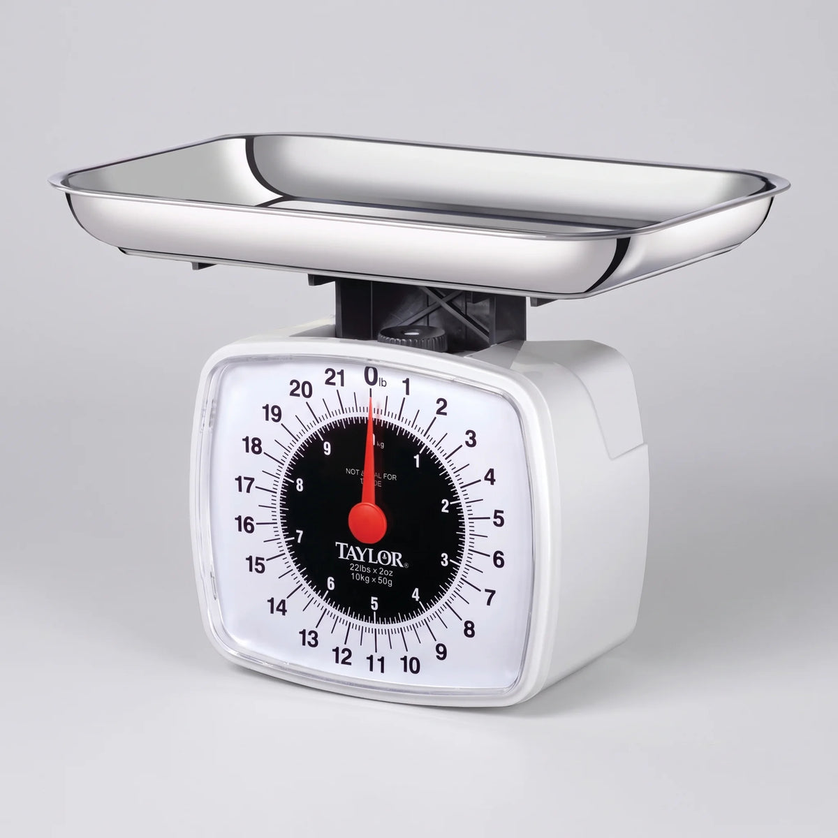 Taylor 3880 analog kitchen food scale with white housing, large dial and stainless steel tray on a studio surface
