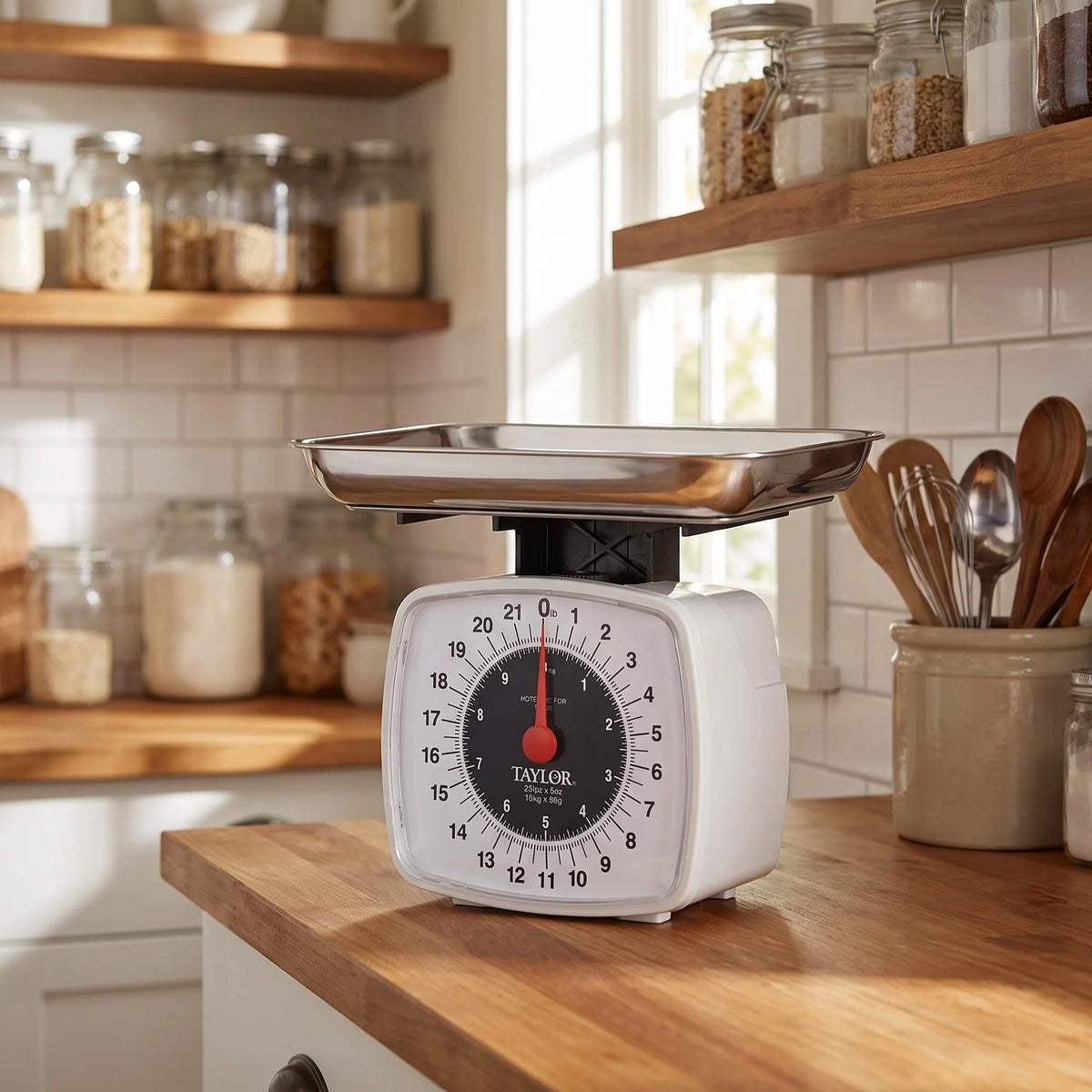 Taylor 3880 white analog kitchen scale on a sunny traditional kitchen counter with open shelves behind
