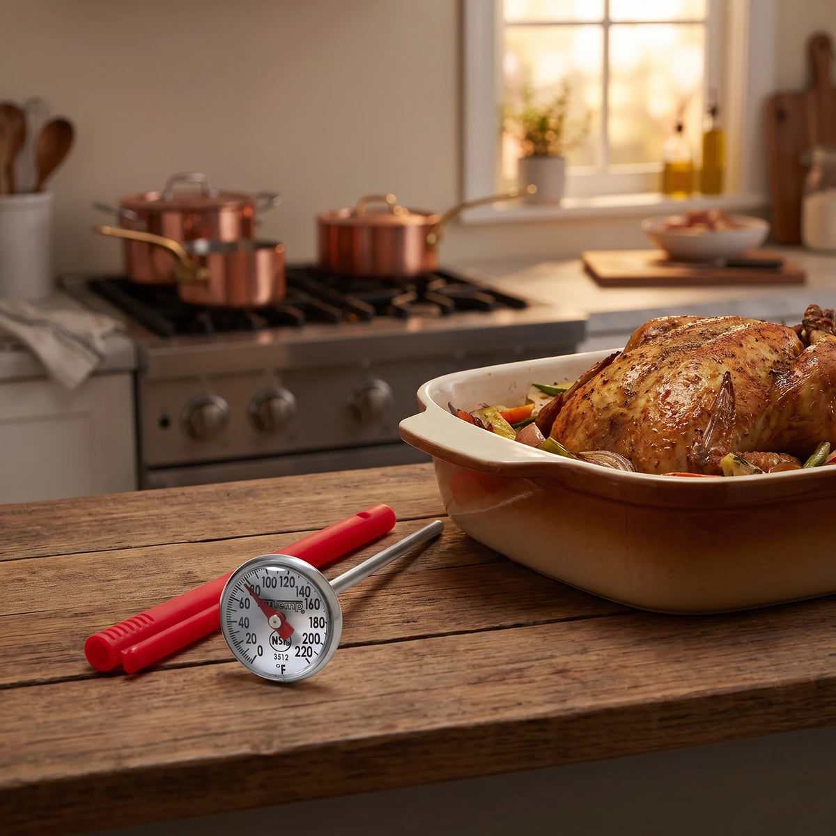 Taylor instant read dial thermometer on a kitchen counter beside a roasting pan at Sunday dinner