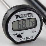 Close-up of the LCD display and on-off switch on a Taylor 3516 digital instant read thermometer