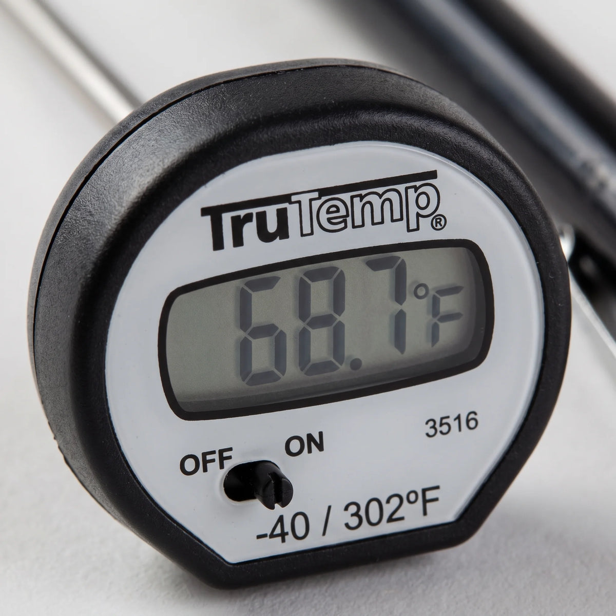 Close-up of the LCD display and on-off switch on a Taylor 3516 digital instant read thermometer
