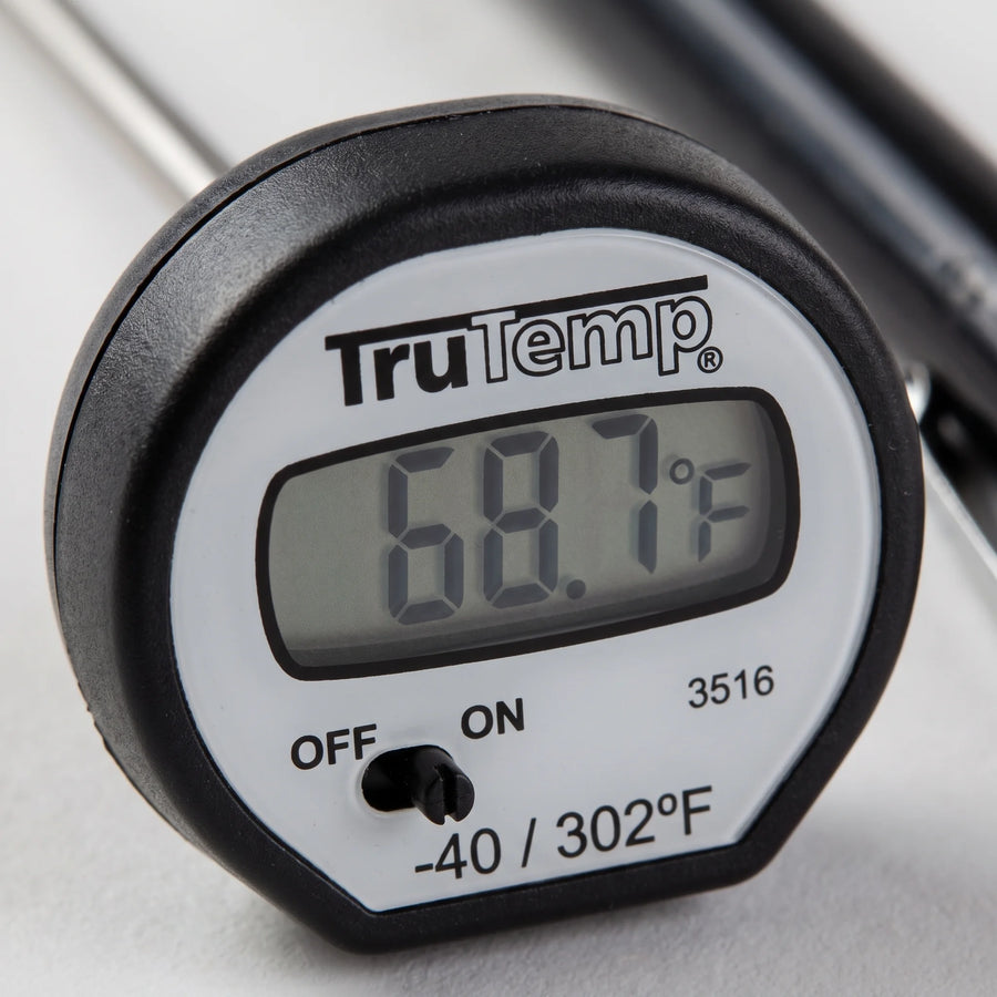 Close-up of the LCD display and on-off switch on a Taylor 3516 digital instant read thermometer