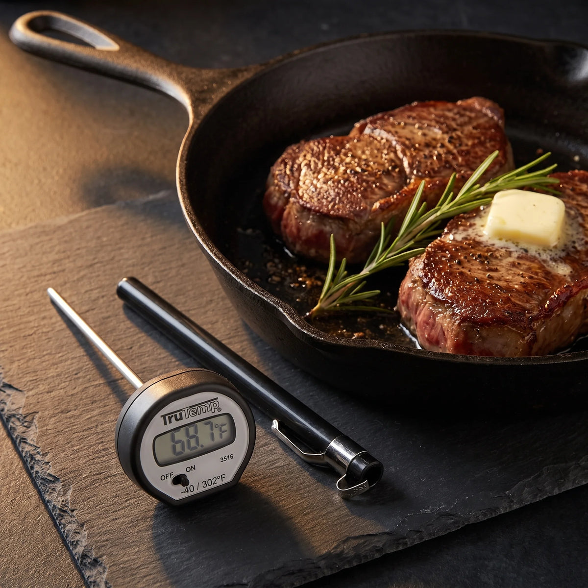 Taylor digital instant read thermometer on a slate board beside seared steaks in a cast iron skillet
