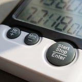Close-up of the Hr, Min and Start Stop buttons on a Taylor dual event digital kitchen timer