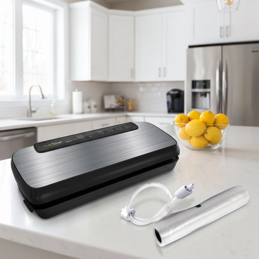 NutriChef automatic vacuum sealer on a bright kitchen counter ready for meal prep and food storage