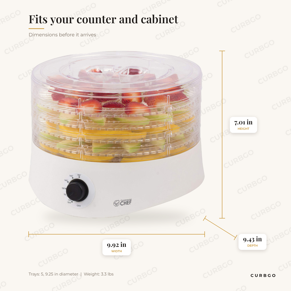 Commercial Chef 5-tray food dehydrator dimensions: 9.92 in W x 9.43 in D x 7.01 in H