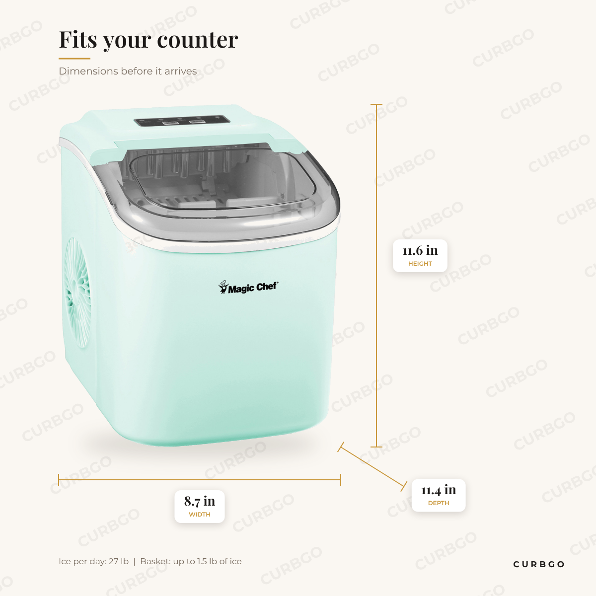 Magic Chef portable ice maker dimensions: 8.7 in W x 11.4 in D x 11.6 in H