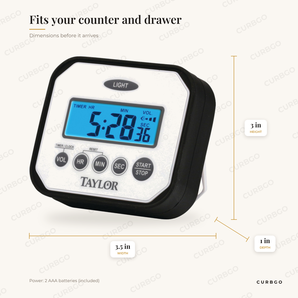 Taylor splash and drop timer dimensions: 3.5 in W x 3 in H x 1 in D