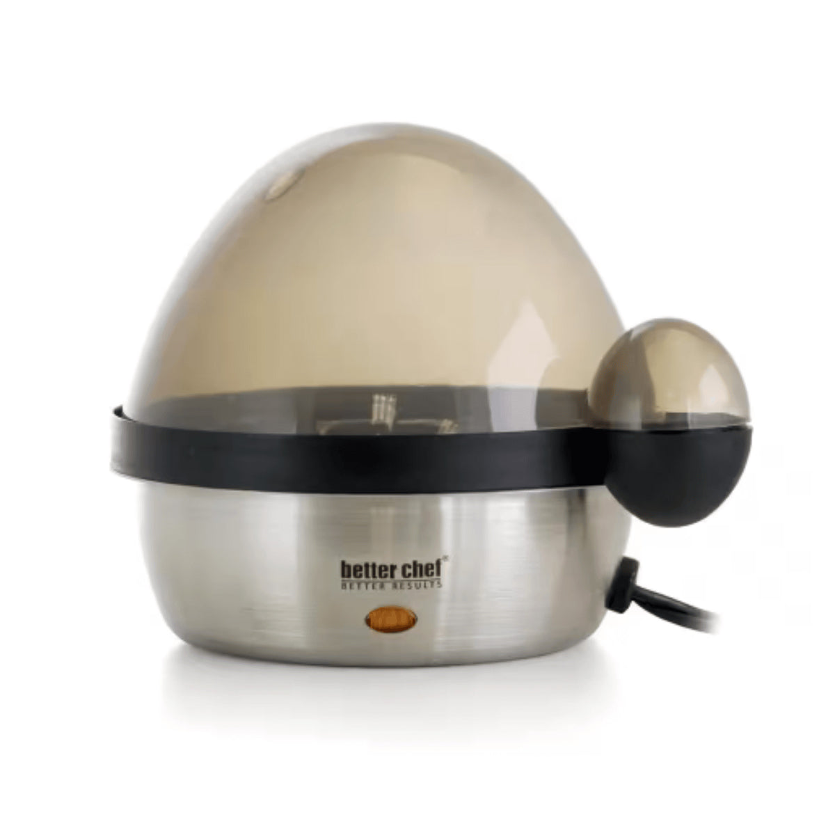 Better Chef stainless steel electric egg cooker with smoked see-through lid, side view