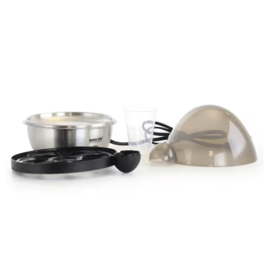 Better Chef egg cooker parts laid out: stainless steel base, see-through lid, egg tray and measuring cup