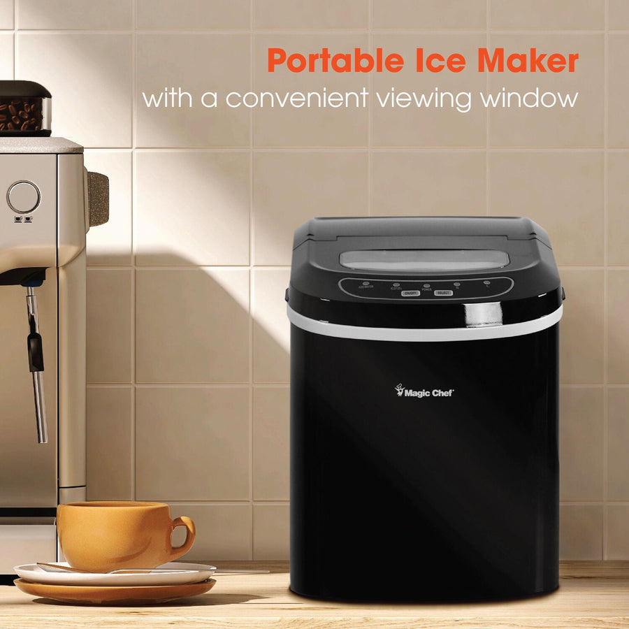 Black Magic Chef portable countertop ice maker on a kitchen counter beside a coffee machine
