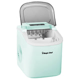 Mint green Magic Chef portable countertop ice maker with the clear lid open showing the ice basket