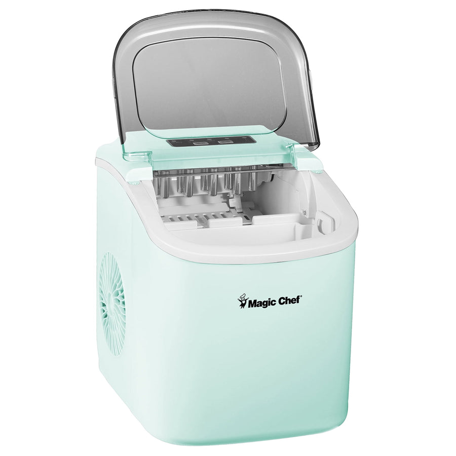Mint green Magic Chef portable countertop ice maker with the clear lid open showing the ice basket
