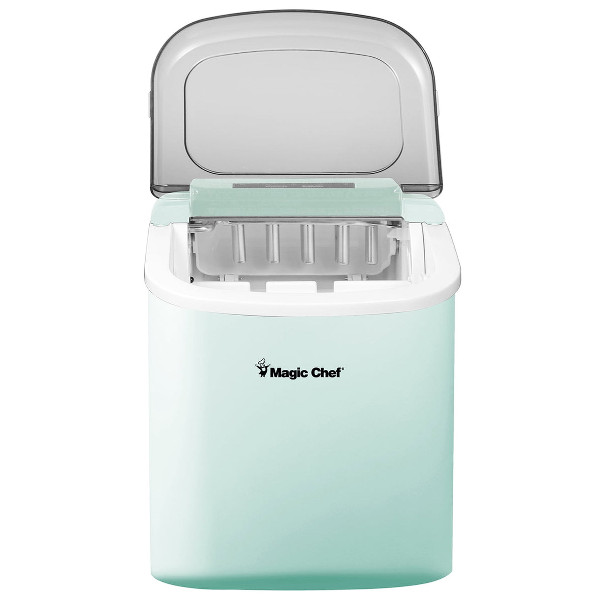 Mint green Magic Chef portable countertop ice maker with the clear lid open, front view