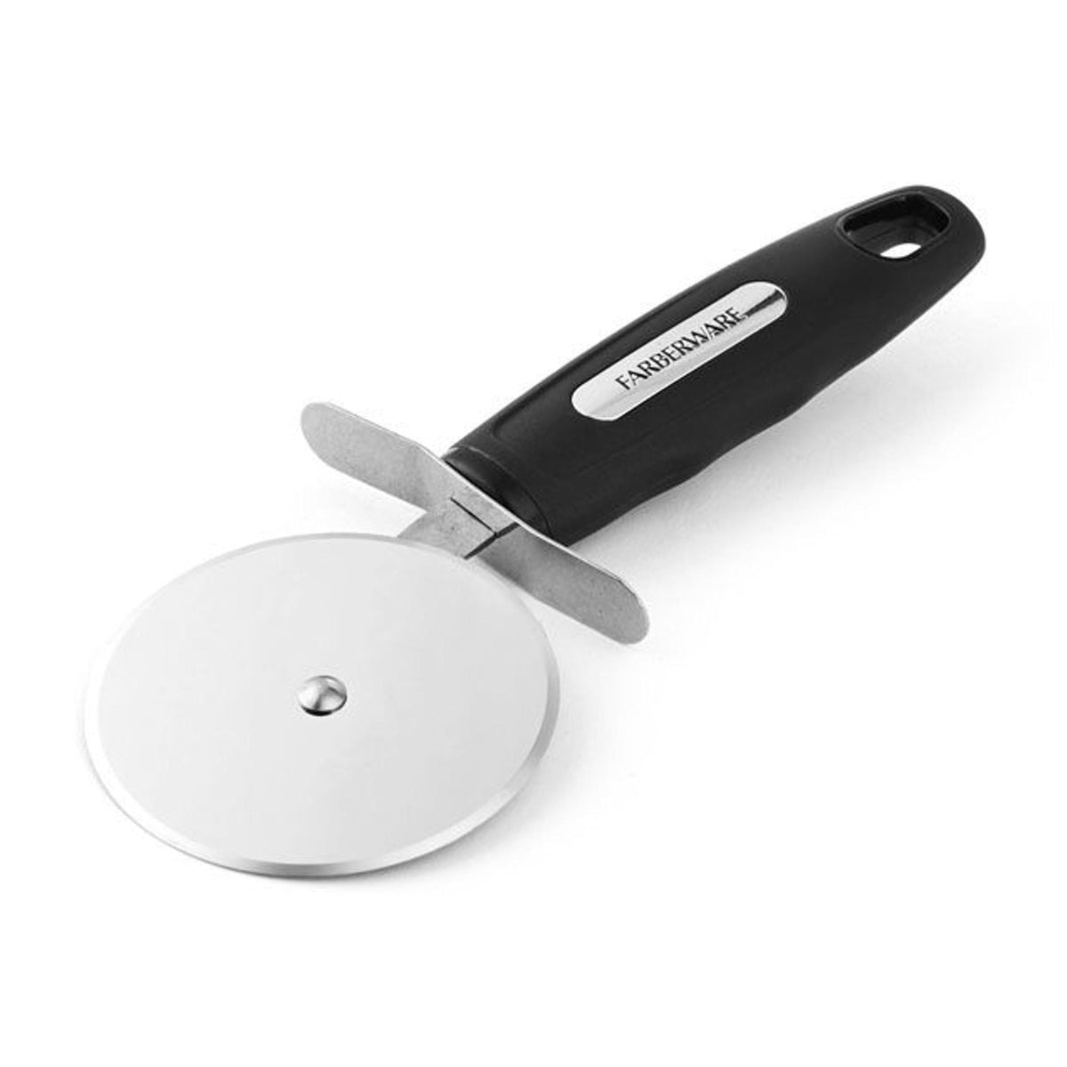 Farberware professional pizza cutter with stainless steel wheel, black handle and finger guard, shown at an angle