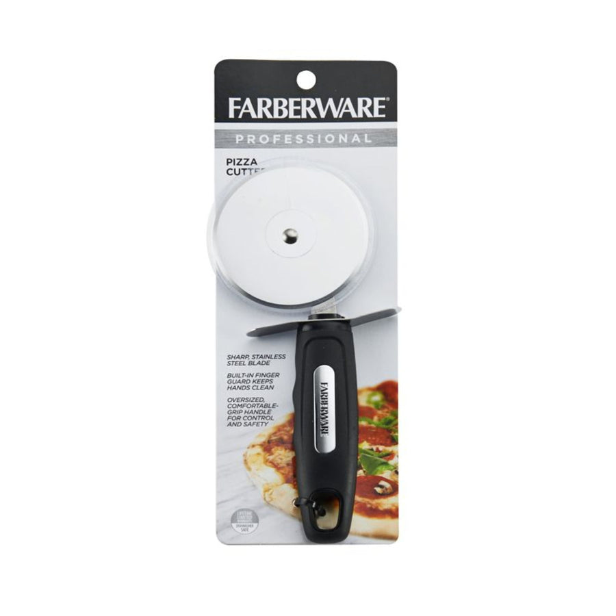 Farberware professional pizza cutter in its retail packaging with the stainless steel wheel visible