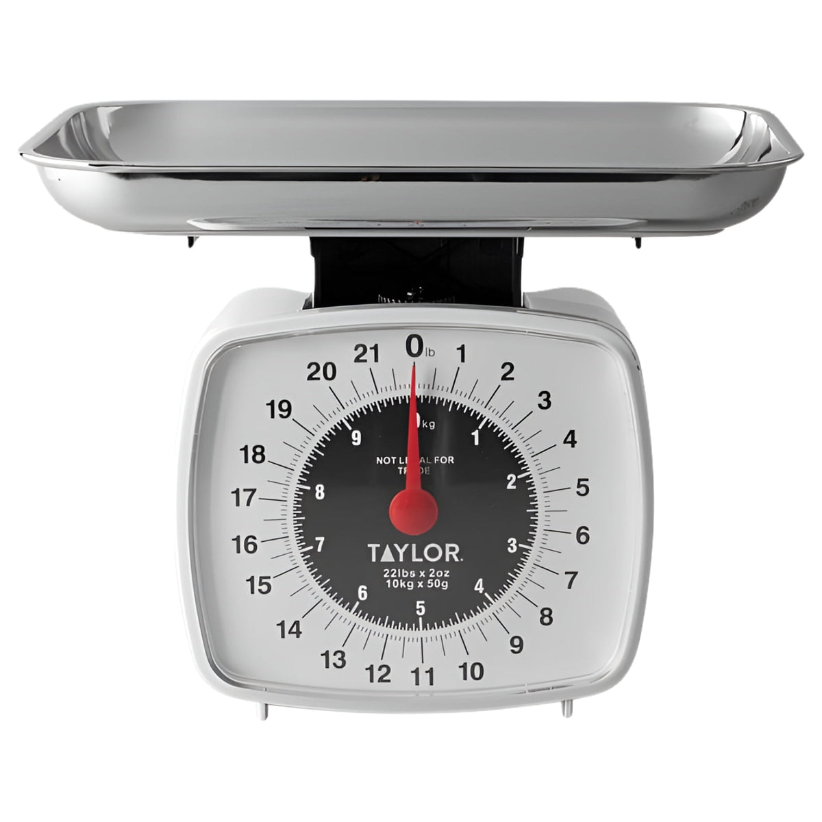 Taylor 3880 white analog kitchen scale with stainless steel tray, straight-on view of the 22 lb dial