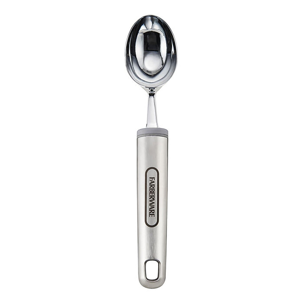 Farberware professional stainless steel soft ice cream scoop with chrome plated head, front view