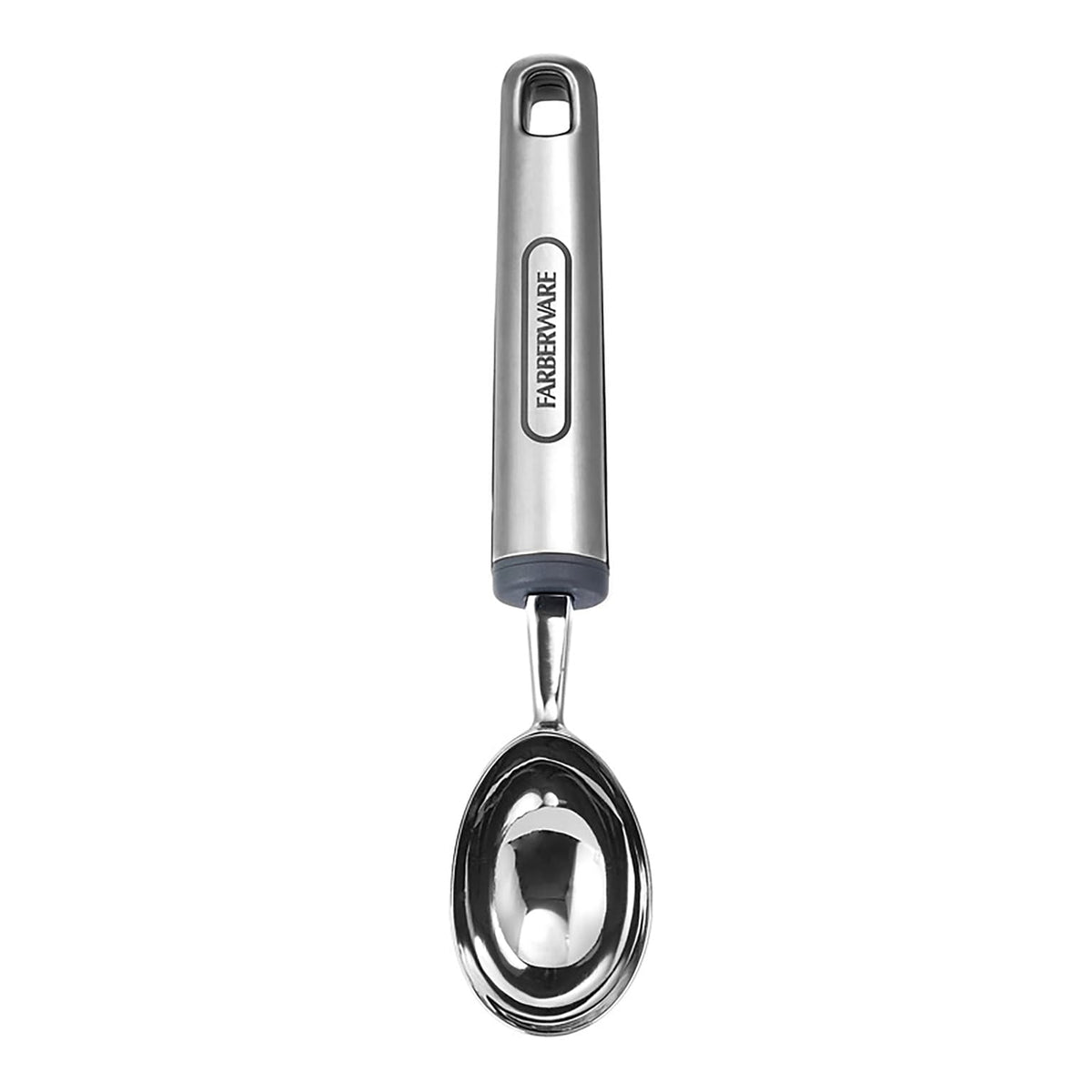 Farberware professional soft ice cream scoop with stainless steel handle and soft rubber grip, side view