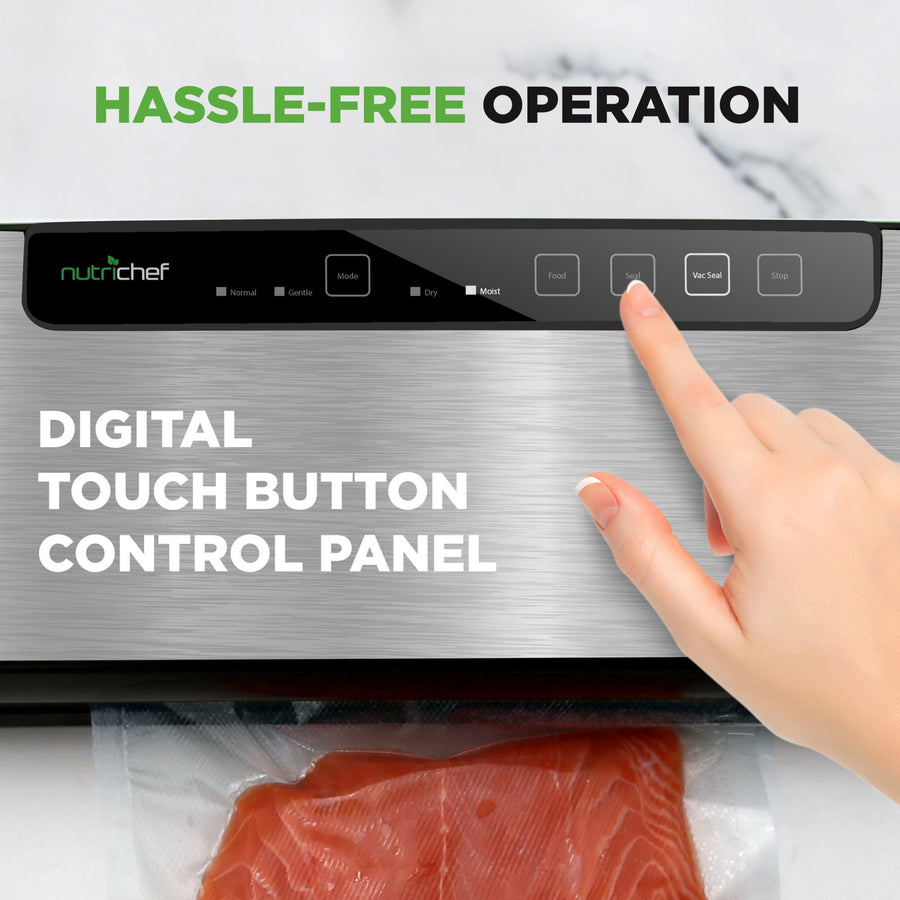 Close-up of the NutriChef vacuum sealer digital touch button control panel being pressed