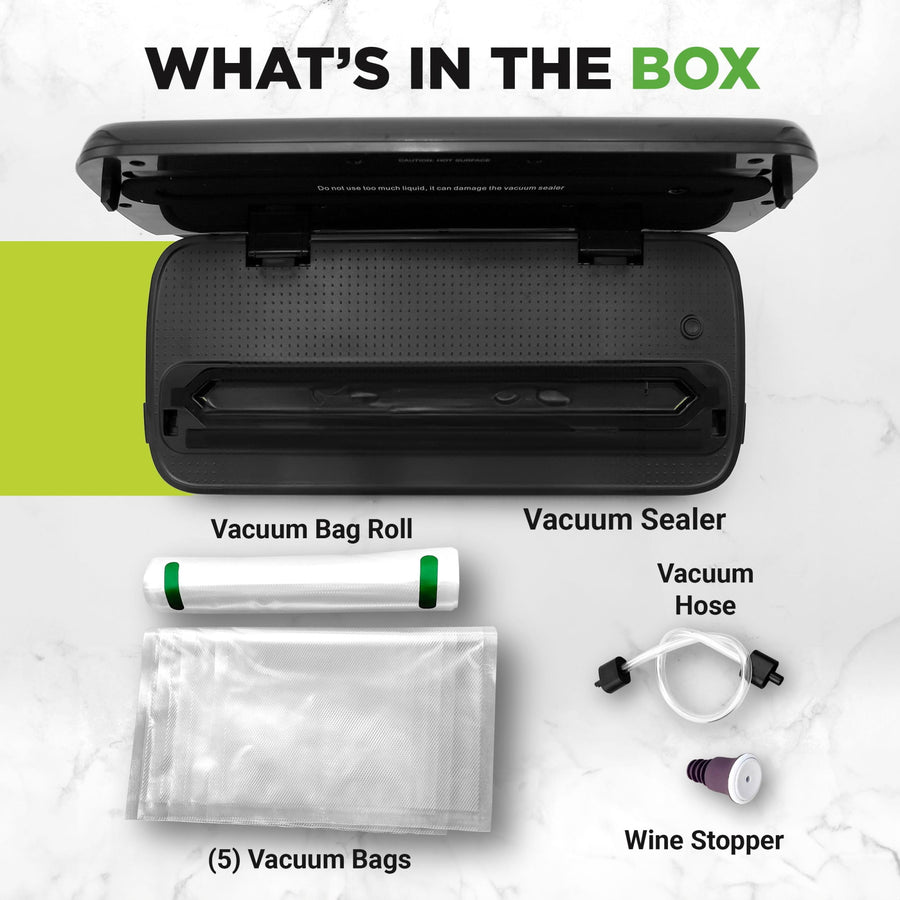 NutriChef vacuum sealer open with the vacuum bag roll, suction hose, five vacuum bags and wine stopper that come in the box