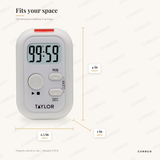Taylor flashing light kitchen timer dimensions: 2.5 in W x 4 in H x 1 in D
