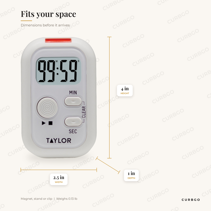 Taylor flashing light kitchen timer dimensions: 2.5 in W x 4 in H x 1 in D