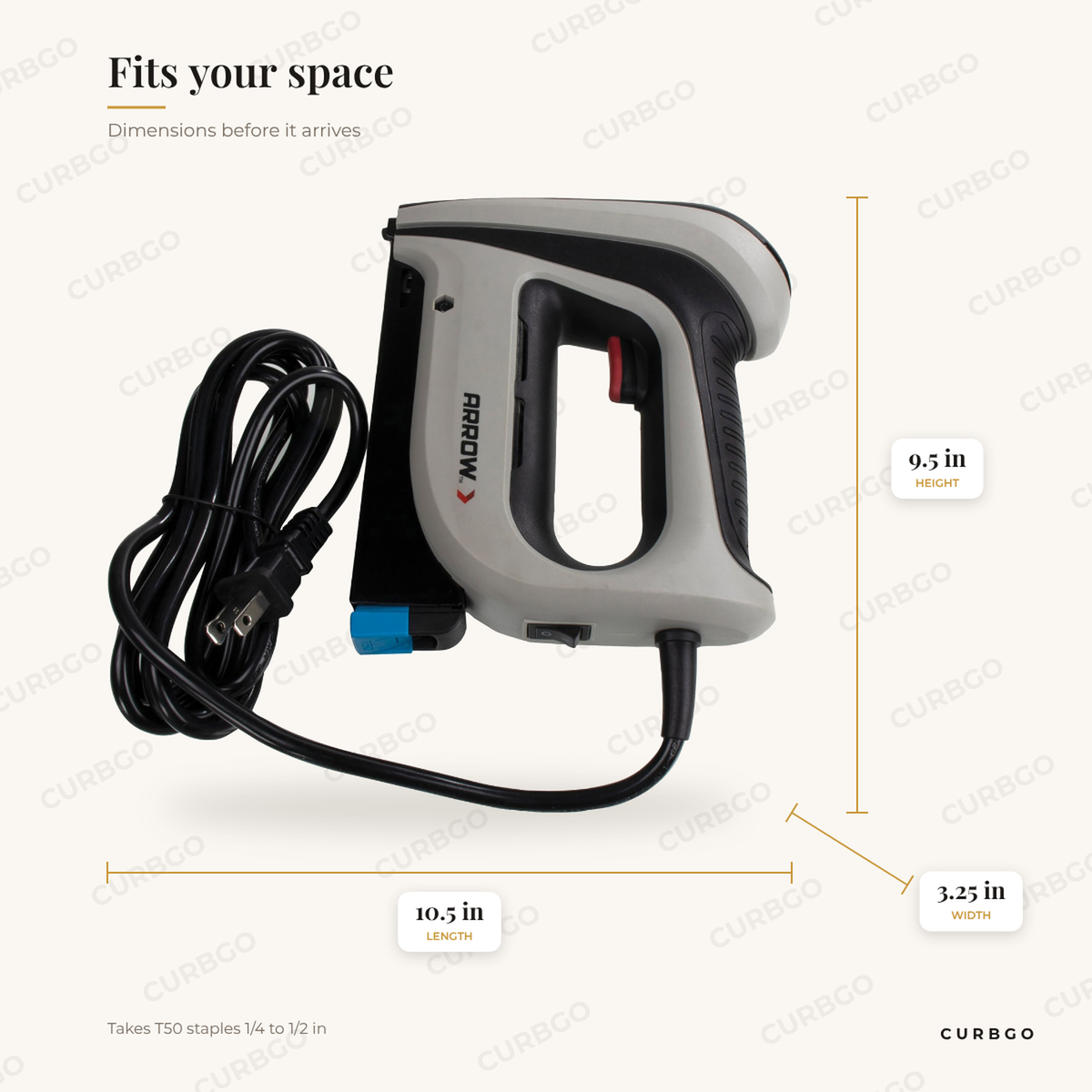 Arrow corded electric staple gun dimensions: 10.5 in L x 3.25 in W x 9.5 in H