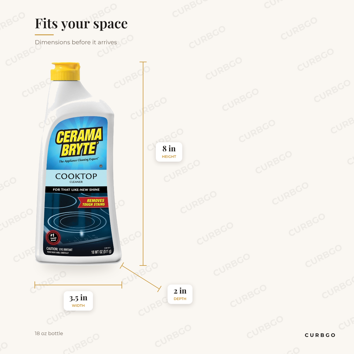 Cerama Bryte 18 oz glass cooktop cleaner bottle dimensions: 3.5 in W x 8 in H x 2 in D