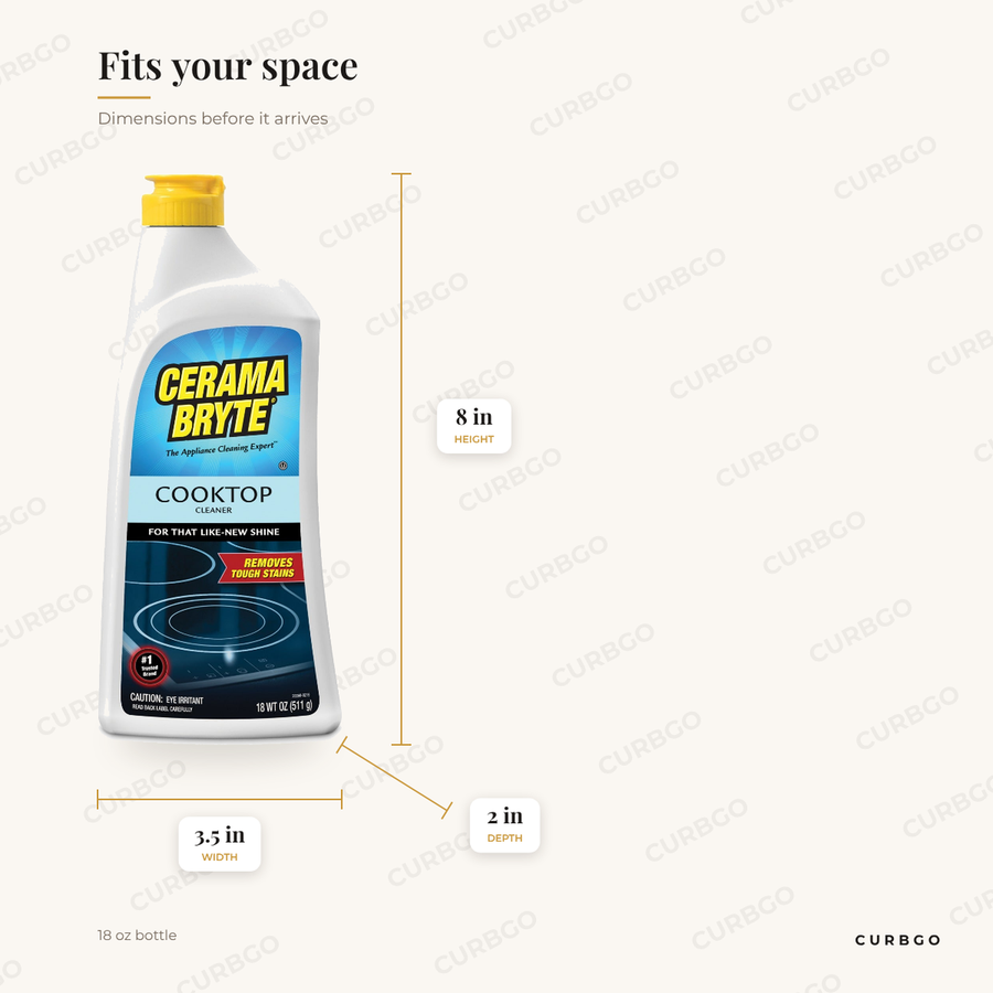 Cerama Bryte 18 oz glass cooktop cleaner bottle dimensions: 3.5 in W x 8 in H x 2 in D