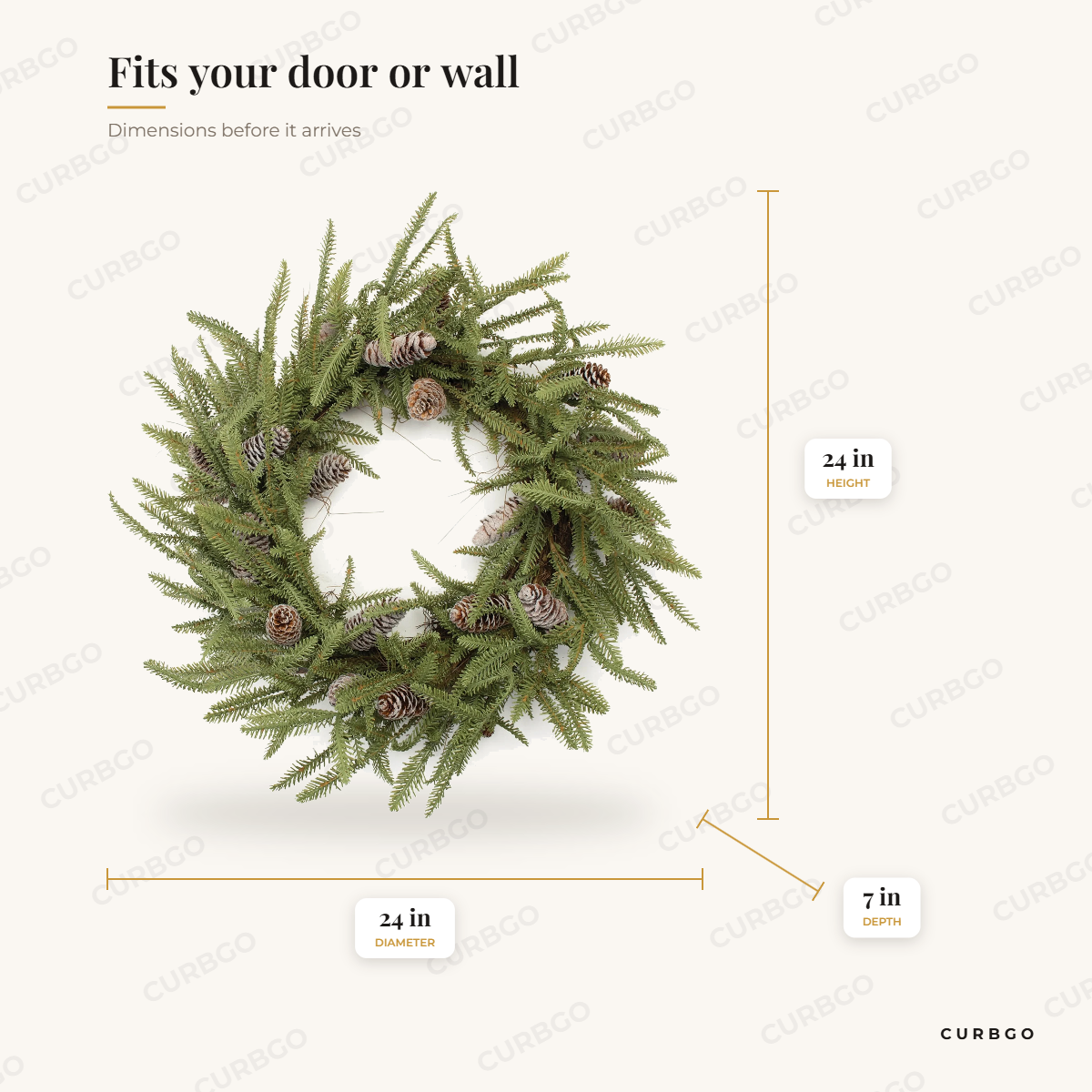 Pine and pinecone wreath dimensions: 24 in diameter, 7 in depth