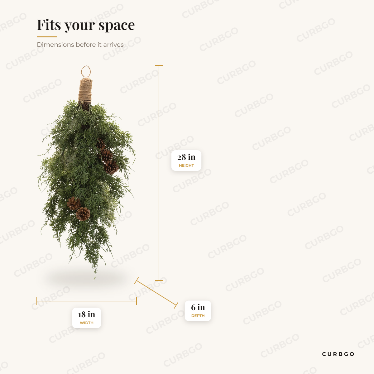 Pine and Pinecones Wall Swag dimensions: width 18 in, height 28 in, depth 6 in