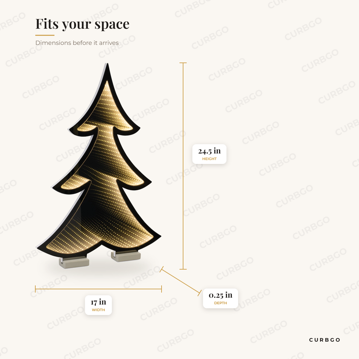 Pine Tree Infinity Light dimensions: width 17 in, height 24.5 in, depth 0.25 in