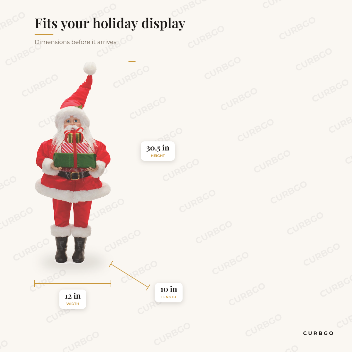 Plush Traditional Santa with Presents 30.5 in dimensions: 30.5 in H x 12 in W x 10 in L