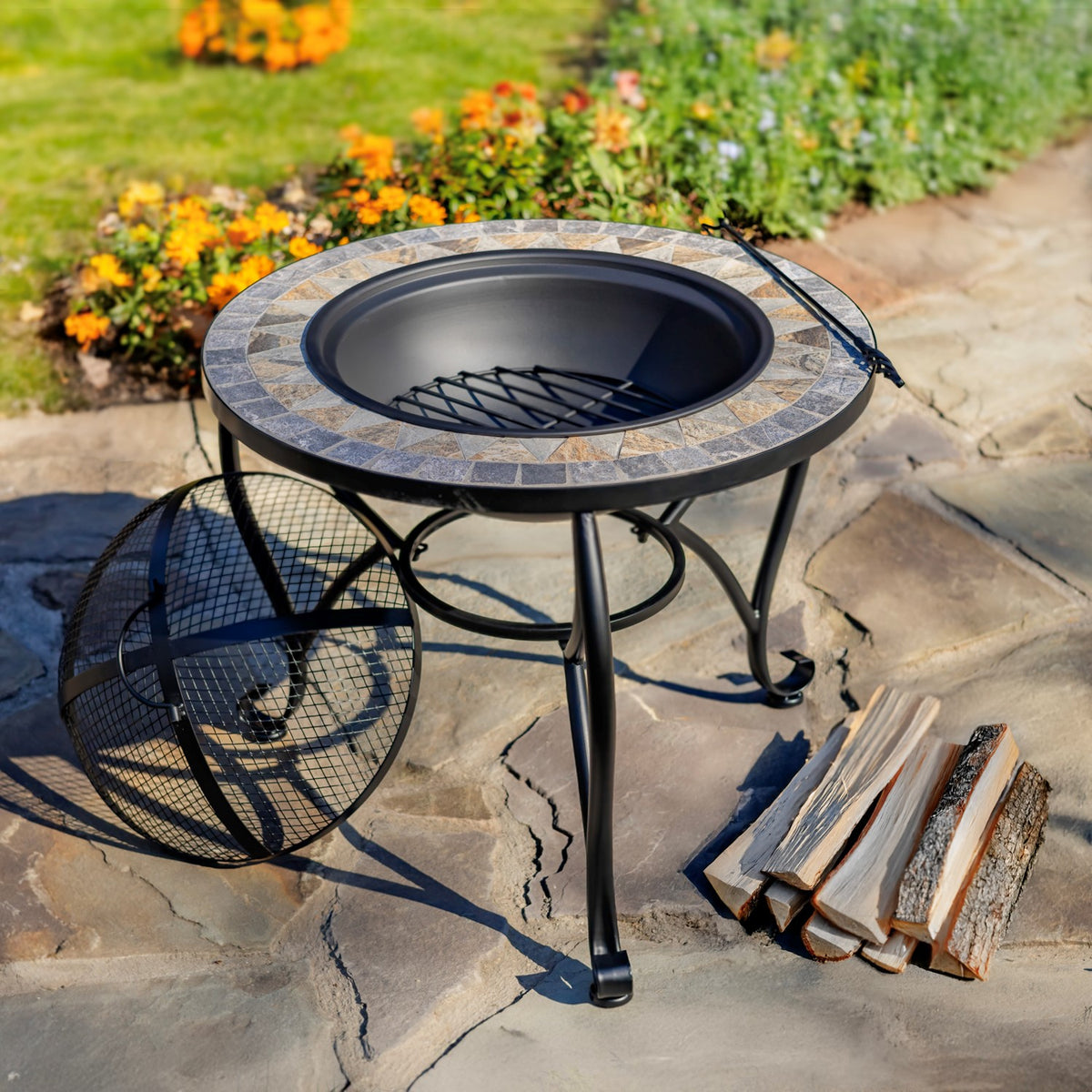 24.8"D. Round Mosaic Tile Metal Fire Pit "Grey Rocks" detail 1