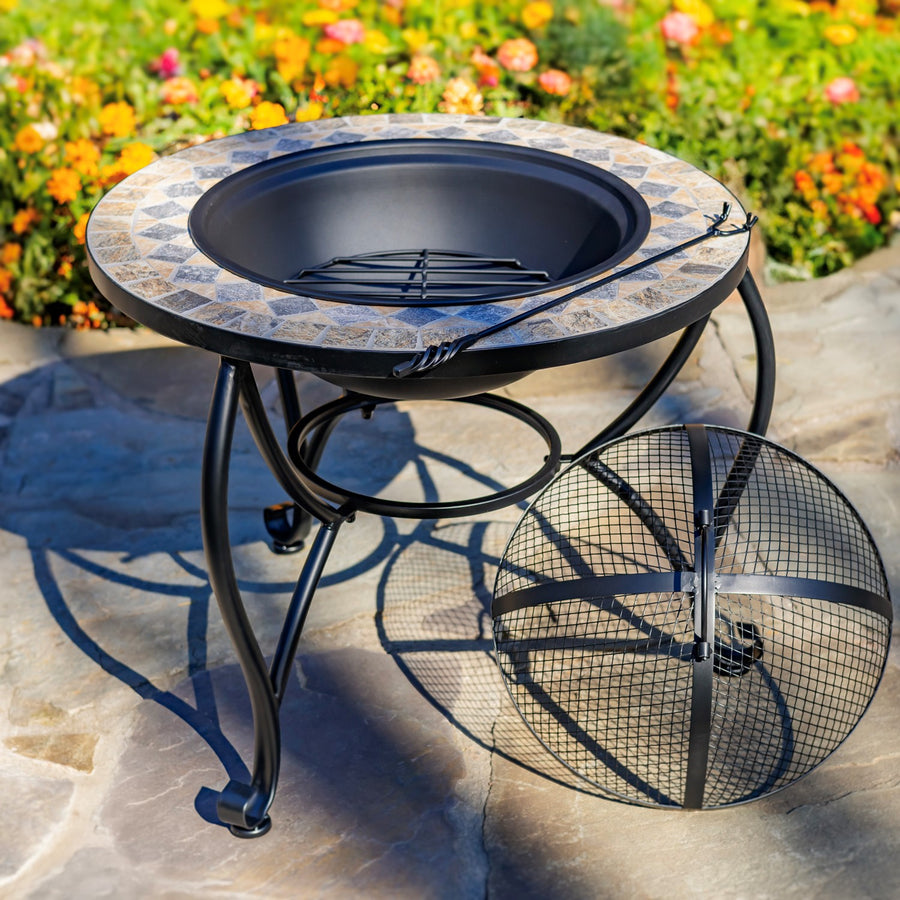 24.8"D. Round Mosaic Tile Metal Fire Pit "Medora" detail 1