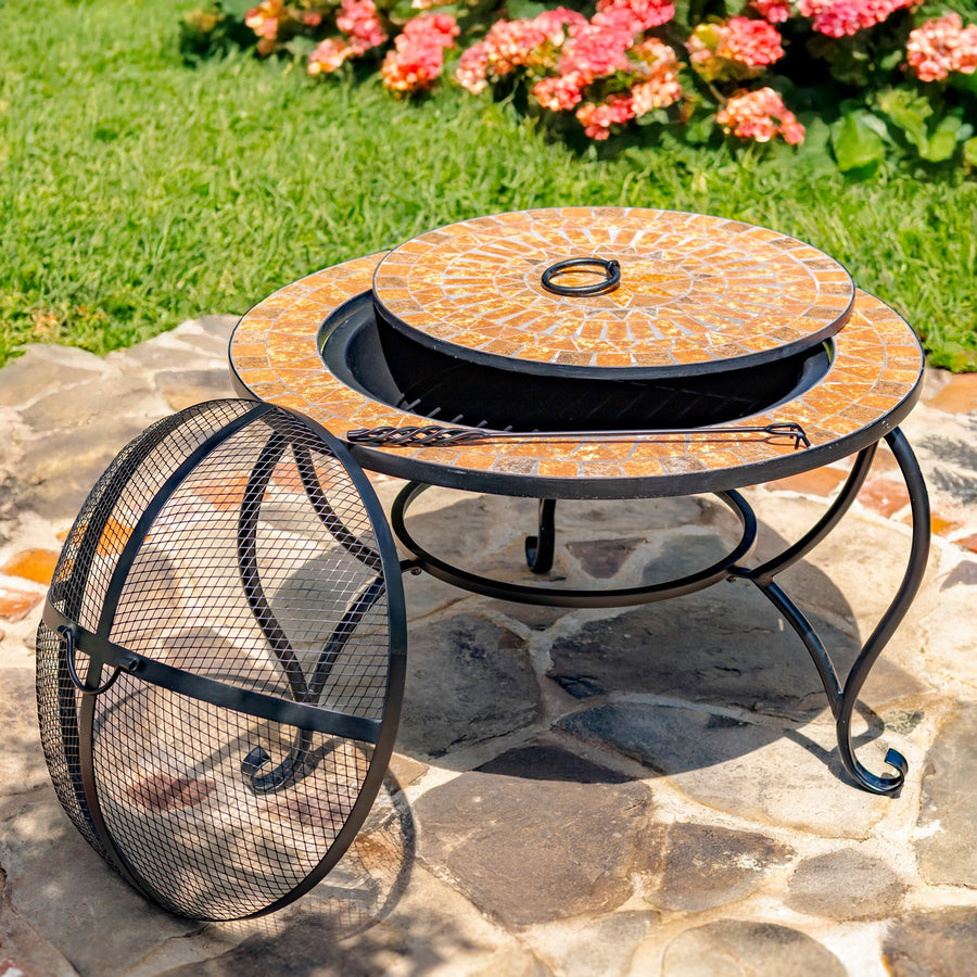 32.6"D. Round Mosaic Tile Metal Fire Pit "Shenandoah" detail 1