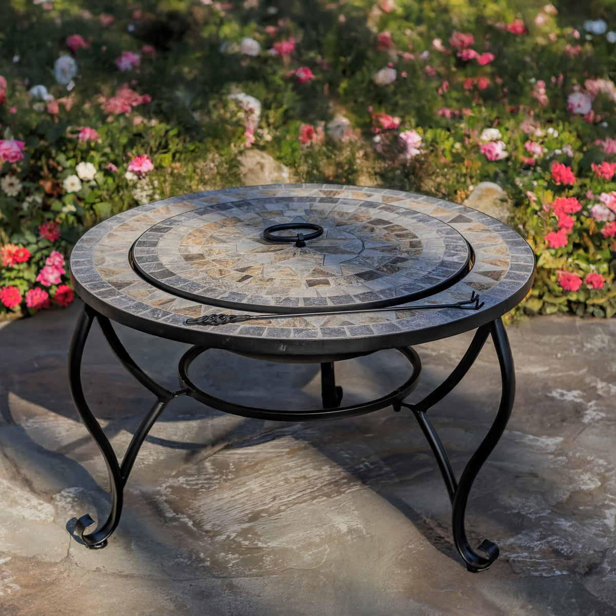 32.6"D. Round Mosaic Tile Metal Fire Pit "Grey Rocks" detail 1
