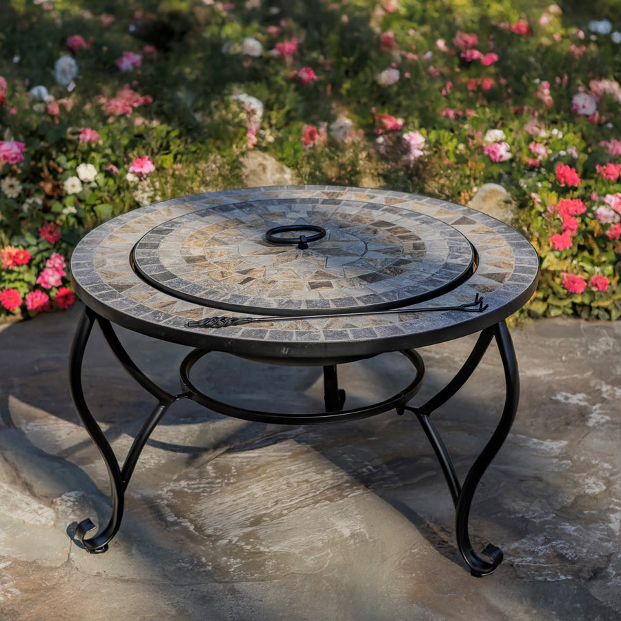 32.6"D. Round Mosaic Tile Metal Fire Pit "Grey Rocks" detail 1