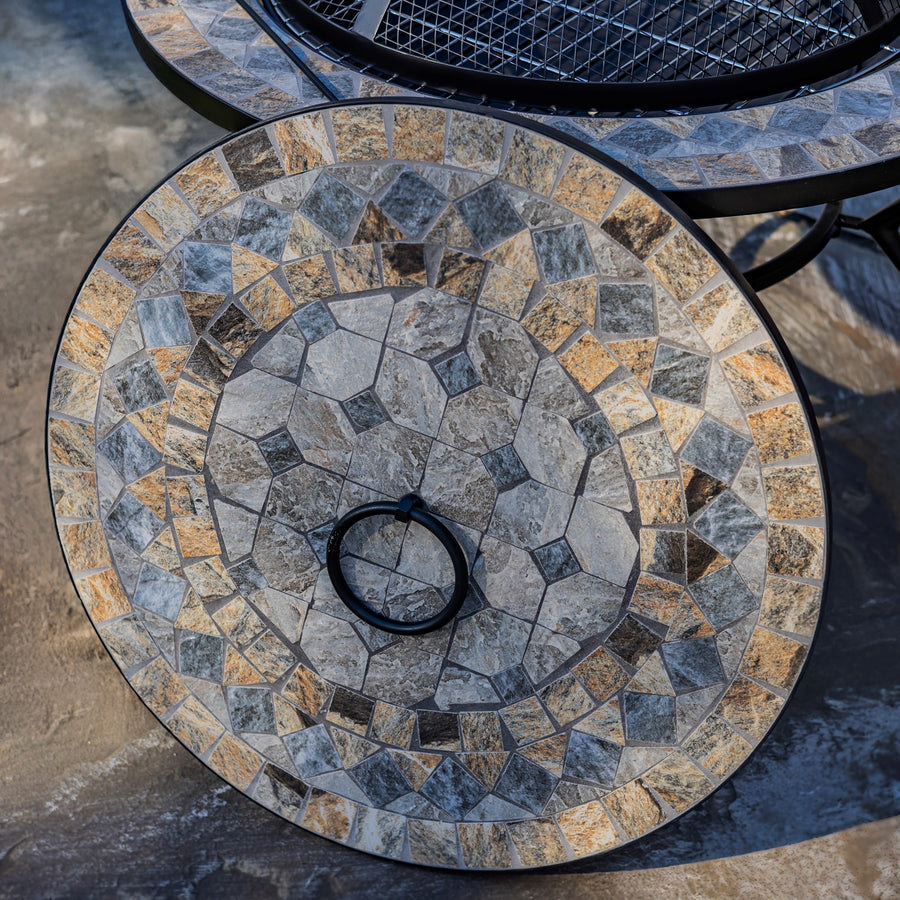 32.6"D. Round Mosaic Tile Metal Fire Pit "St. Augustine" detail 1